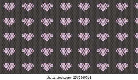Purple heart on grey knitted design, Festive Sweater Design. Seamless Knitted Pattern