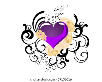 purple heart on roses - vector