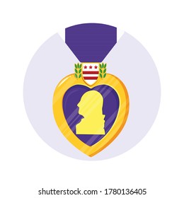 Purple Heart Orden in the circle. Isolated vector badge and purple ribbon in flat style. Celebrate honor, courage, merit. 7 august in USA 