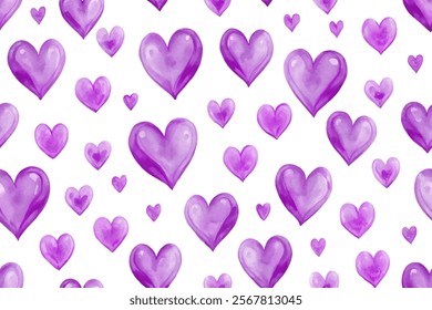 Purple heart patterns, watercolor style, romantic design, seamless background, love theme, artistic decoration.