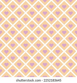 Purple heart shape on orange and white square background. Happy Valentine's day. Heart pattern on diagonal white line backdrop.