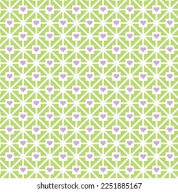 Purple heart shape on white square linked with white diagonal line on green background. Happy Valentine's day. Heart pattern on green backdrop.