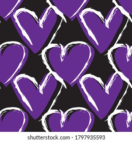 Purple Heart shaped brush stroke seamless pattern background for fashion textiles, graphics