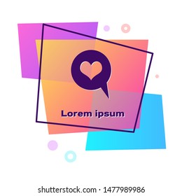 Purple Heart in speech bubble icon isolated on white background. Heart shape in message bubble. Love sign. Valentines day symbol. Color rectangle button. Vector Illustration
