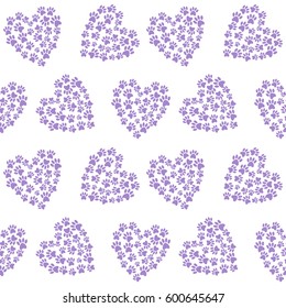 purple heart from traces of paws footprint love pattern seamless vector