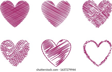 Purple heart vector. Hand drawn love icon isolated. Collection of heart icon hand drawn vector for love logo, heart symbol, doodle icon, greeting card and Valentine's day. Painted grunge vector shape