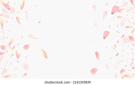 Purple Heart Vector Transparent Background. Cherry Overlay Template. Floral Japanese Texture. Blooming Soft Backdrop. Light Peach Realistic Cover.