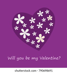 Purple heart with white flowers on a purple background and inscription Will you be my Valentine?