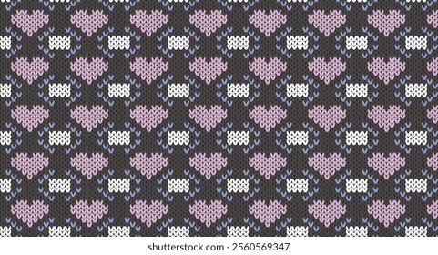 Purple heart and white geometric on grey knitted design, Festive Sweater Design. Seamless Knitted Pattern