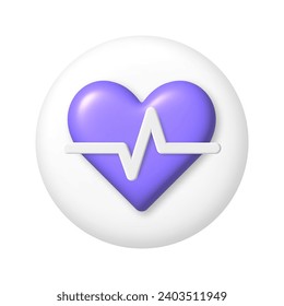 Purple heart with white pulse line icon on white button. Medical healthcare concept. 3d cartoon design element. Vector illustration.