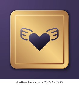 Purple Heart with wings icon isolated on purple background. Love symbol. Valentines day. Gold square button. Vector