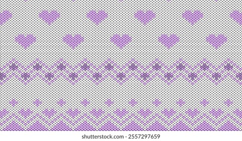 Purple heart and zigzag knitted pattern, Festive Sweater Design. Seamless Knitted Pattern