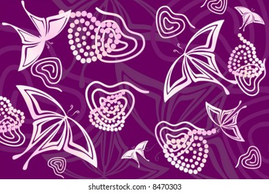 Purple hearts and butterflies background