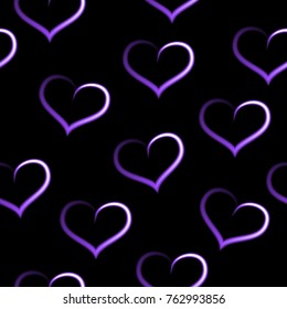Purple hearts fading, seamless pattern, black vector background.
