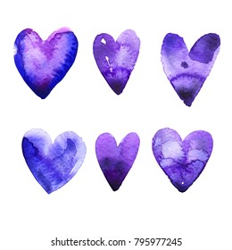 Purple hearts hand drawn watercolor isolated on white background.