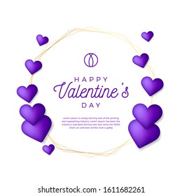 Purple hearts and Lovely gold outline frame or border with hearts for valentine day stock vector illustration. Creative card, poster, banner or flyer design