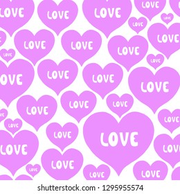 Purple hearts seamless pattern with cut out text "LOVE" isolated on white background. Can be used for your banners, posters, invitations and prints. EPS10