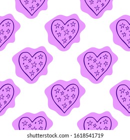 Purple hearts seamless pattern in doodle style isolated on white background. Vector stock illustration for Valentines Day decor and wedding invitations.