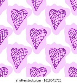 Purple hearts seamless pattern in doodle style isolated on white background. Vector stock illustration for Valentines Day decor and wedding invitations.