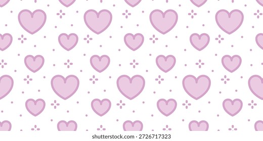 Purple hearts seamless pattern. Love, Valentine's day, romance, sparkle, star, heart. White background. Decorative art for prints, banners, projects, packaging, design. Vector flat illustration.