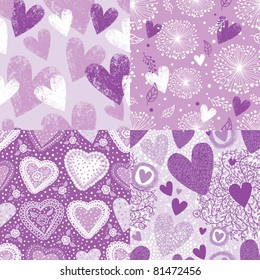 purple hearts seamless pattern set