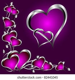A purple hearts Valentines Day Background with silver hearts and flowers on a black background