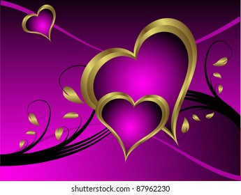 A purple hearts Valentines Day Background with gold hearts  on a purple and gold  background