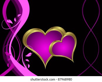A purple hearts Valentines Day Background with gold hearts  on a purple and gold  background