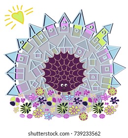 Purple hedgehog on a flower meadow on a background of houses