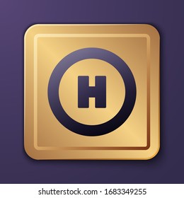 Purple Helicopter landing pad icon isolated on purple background. Helipad, area, platform, H letter. Gold square button. Vector Illustration