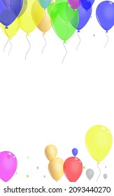violetter Helium-Hintergrund, weißer Vektorgrafik. Überraschen Gummirahmen. Rosa Falling. Blue Confetti. Spielzeugkünstlerische Grenze.