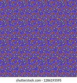 Purple Hellebore flower and green leaves and small bud on blue background seamless high density random repeat vector pattern