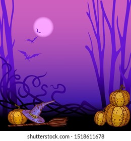 purple helloween background with pumpkins, broom and witch hat