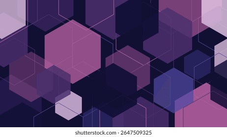 Purple hexagon background featuring overlapping geometric shapes in modern abstract style perfect for digital art technology presentations web graphics and creative design projects