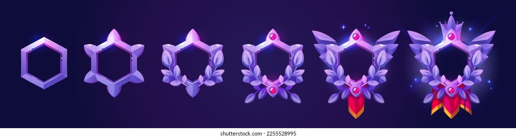 Purple hexagon frames of game avatars. Fantasy ranking badges with glowing borders with laurel, gems, crown and red pennant, vector cartoon set isolated on background - Shutterstock ID 2255528995