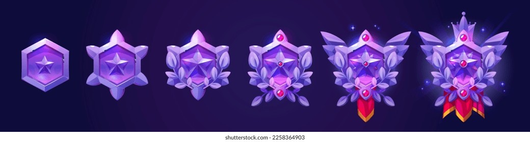 Purple hexagon frames of game avatars. Fantasy ranking badges with glowing borders with star, laurel, gems, crown and red pennant, vector cartoon set isolated on background