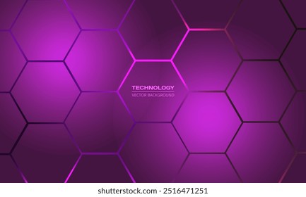 Fondo abstracto de Vector futurista de tecnología de hexágono púrpura con destellos brillantes de color rosa bajo el hexágono. Fondo abstracto de panal de abeja de juego hexagonal.