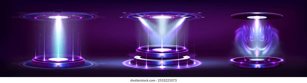 Roxo portal de alta tecnologia com neon luz brilho efeito para design de iu jogo. Realista ilustração vetorial 3d conjunto de futurista cyberpunk rodada teleport plataforma com vigas. Pódio de tecnologia do holograma.