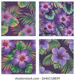 Purple Hibiscus Palm Seamless Pattern, bold tropical floral vector with vibrant hibiscus flowers, green palm leaves, coral-pink accents, textured gradient petals on deep purple background