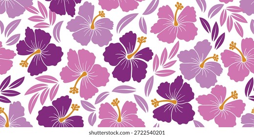 Padrão de Hibiscus roxo. Padrão sem emenda botânico tropical. motivo design de hibisco exótico.  Camisa Havaí, design de verão. lindo doce floral roxo, padrões florais. flor de hibisco. Moda roxa