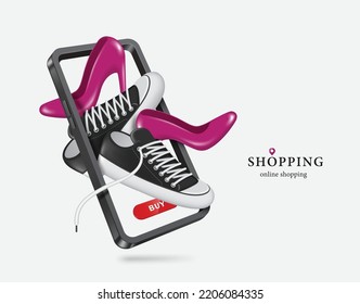 Purple high heels and black sneakers or canvas shoes floated out of the smartphone screen,vector 3d isolated on white background for delivery and online shopping advertising concept design