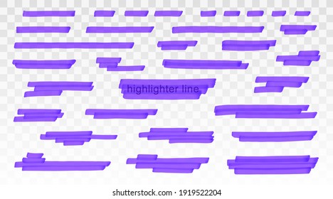 Purple highlighter lines set isolated on transparent background. Marker pen highlight underline strokes. Vector hand drawn graphic stylish element