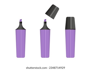 Purple highlighter marker, 3 versions of marker in purple color. Vector set.