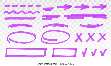 Purple highlighter set - lines, arrows, crosses, check, oval, rectangle isolated on transparent background. Marker pen highlight underline strokes. Vector hand drawn graphic stylish element