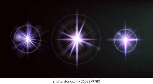 Purple highlights on dark background. Luminous star effect. Set of violet sparkling sequins with circular reflection. Vector collection of glittering sequins. Night shimmer and sparks of bright rays.