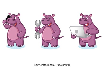 Purple Hippo Mascot Vector with laptop, phone and tools