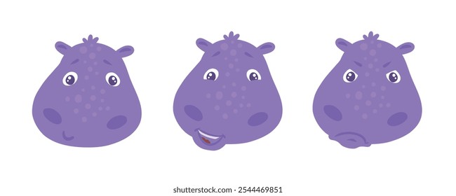 Conjunto de hipopótamos púrpura expresiones faciales diversas emociones, Ilustración vectorial simple plana