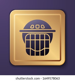 Purple Hockey helmet icon isolated on purple background. Gold square button. Vector Illustration