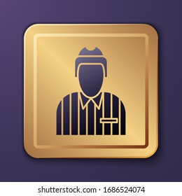 Purple Hockey judge, referee, arbiter icon isolated on purple background. Gold square button. Vector Illustration