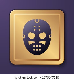 Purple Hockey mask icon isolated on purple background. Gold square button. Vector Illustration